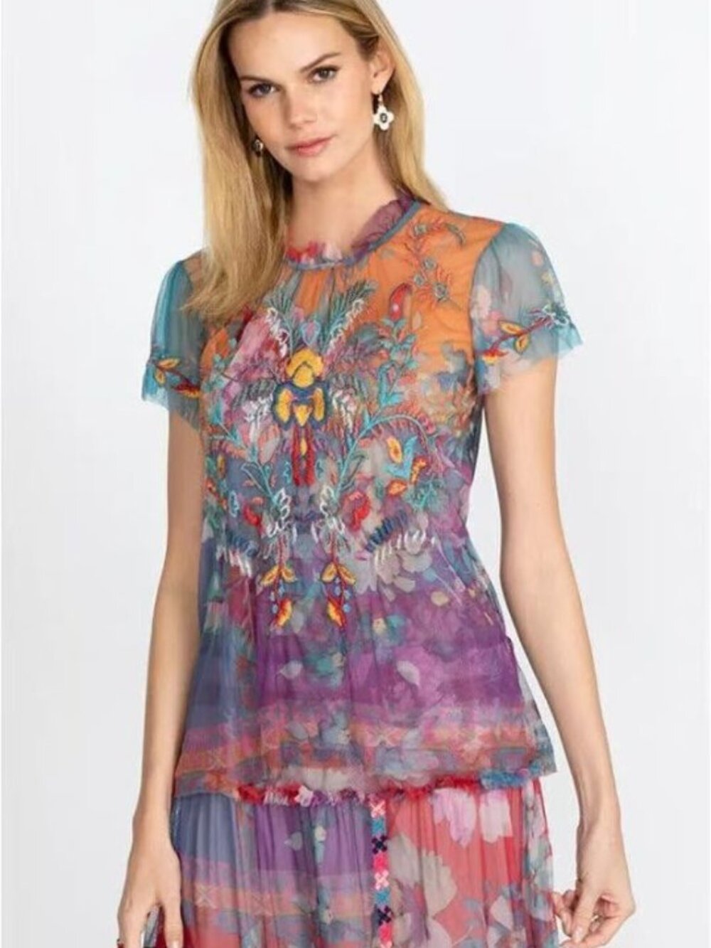 NWT Johnny Was Biya Giana Mesh Ruffled Floral Embroidered Sheer Blouse Size XS
